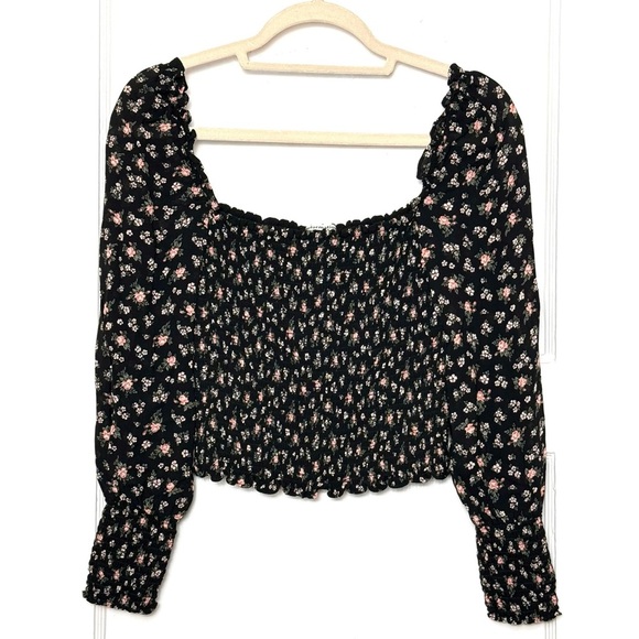REFORMATION 90s Floral Crepe Smocked Puff Long Sleeve Square Neck Cropped Top M - Picture 4 of 9